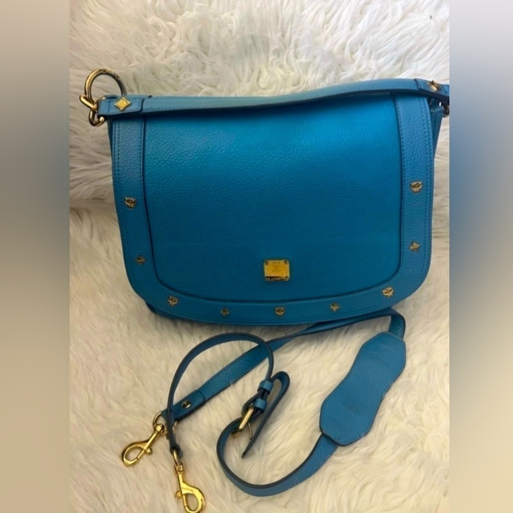 MCM Teal Blue Leather Studded Saddle Bag